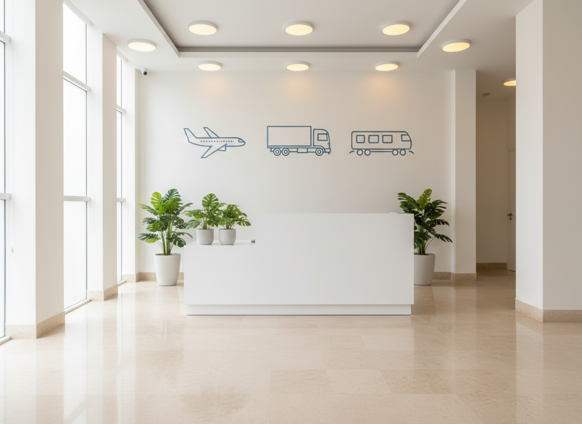 A bright reception area of a specialized psychophysical medical unit, featuring a clean white reception desk with a smooth, satin surface and a small arrangement of tropical green plants in minimalist pots. Behind the desk, a large wall graphic shows abstract, icon-like outlines of an airplane, a cargo truck, and a train, rendered in muted blue and gray tones. The floor is polished light stone, subtly reflecting the surroundings. Natural daylight streams through side windows, complemented by warm recessed ceiling lights, creating a welcoming yet professional atmosphere. Photographic realism, wide-angle composition with balanced symmetry, reinforcing trust, organization, and modern healthcare in Ciudad del Carmen, Campeche.