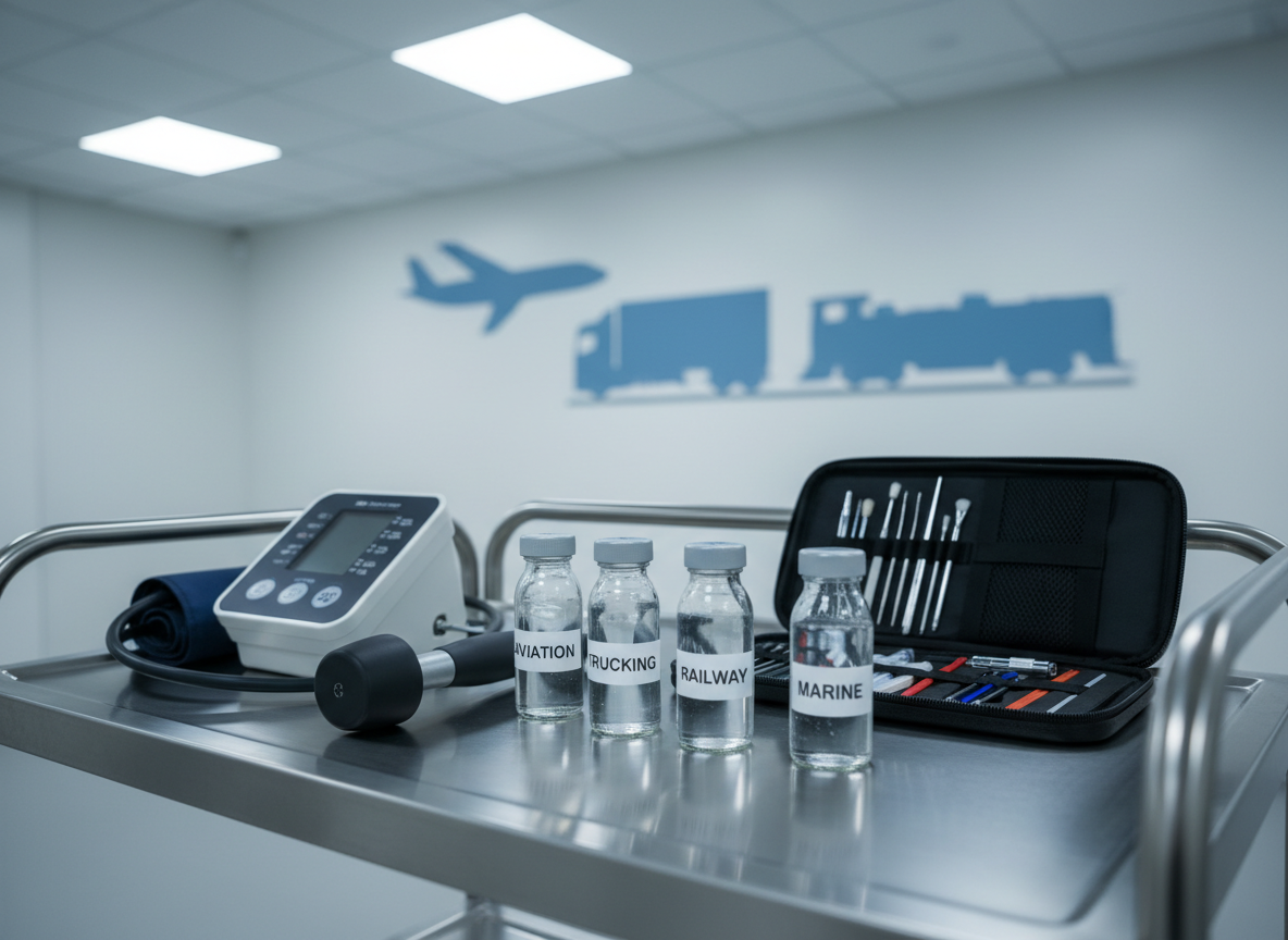 A detailed, photographic close-up of specialized psychophysical testing equipment arranged with precision: a calibrated blood pressure monitor, a digital reflex hammer, a compact neurological testing kit, and a set of labeled sample containers, all neatly aligned on a stainless steel trolley. In the softly blurred background, a wall chart displays non-textual silhouettes of aviation, trucking, and railway vehicles in a calm blue palette. Cool, controlled overhead lighting highlights the metallic textures and clean surfaces, casting soft, orderly shadows. Shot from a low, three-quarter angle, the composition emphasizes the instruments’ reliability and meticulous organization, creating a mood of scientific rigor and professional care for transport-related medical certification.