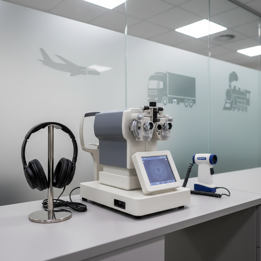 A close-up, photographic view of a medical workstation prepared for psychophysical exams, with a high-quality vision testing device, noise-cancelling headphones resting on a sleek metal stand, and a digital spirometer neatly coiled beside them. Everything sits on a smooth, light-gray countertop with a subtle matte finish. Behind, frosted glass panels etched with abstract silhouettes of an airplane, a truck, and a locomotive create context without showing people. Soft, even overhead LED lighting produces minimal shadows and clear visibility. Captured from a slightly elevated angle with shallow depth of field, the front equipment in sharp focus and the glass icons gently blurred, projecting a precise, high-tech, and professional mood.