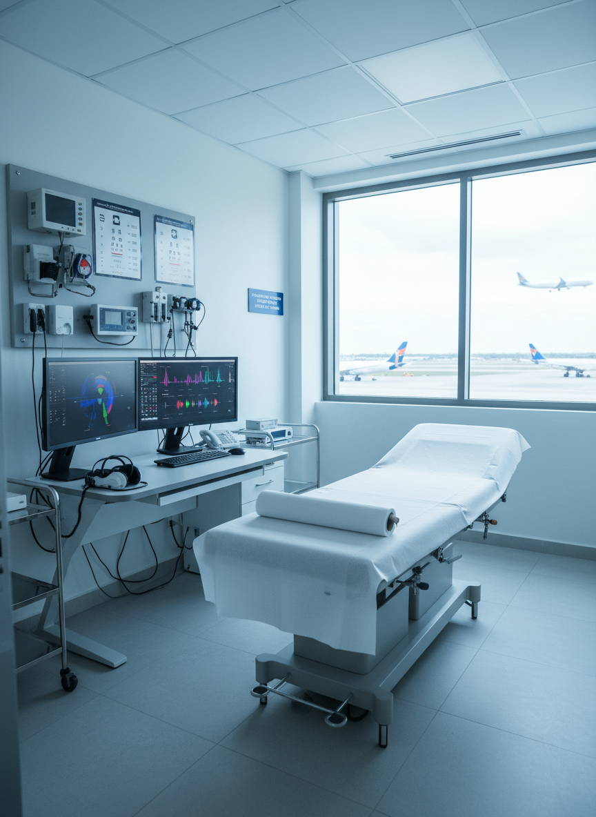 A modern, well-equipped medical examination room designed for psychophysical evaluations, featuring a spotless examination bed with crisp white paper, a professional desk with dual computer monitors displaying abstract health data, and neatly organized diagnostic instruments on the wall. In the background, large windows reveal a subtle hint of an airport runway and a distant aircraft tail, softly blurred. Cool, diffused daylight fills the room, creating a calm, clinical clarity with gentle reflections on stainless steel surfaces. Photographic realism, shot at eye level with a wide lens for sharp focus throughout, conveying a professional, trustworthy atmosphere ideal for an aviation and transport medical unit in Ciudad del Carmen.