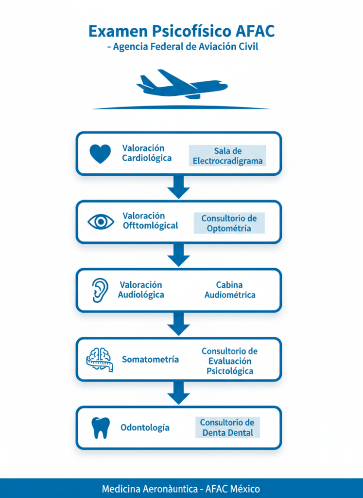 Infografía: Pasos del Examen Psicofísico Aeronáutico AFAC - Valoración Cardiológica, Oftalmológica, Audiológica, Somatometría, Psicología y Odontología