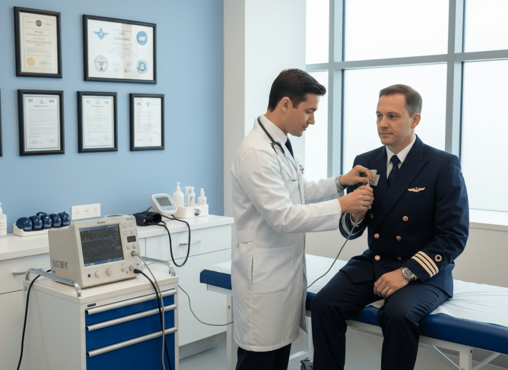 Médico dictaminador realizando valoración cardiológica a piloto aviador
